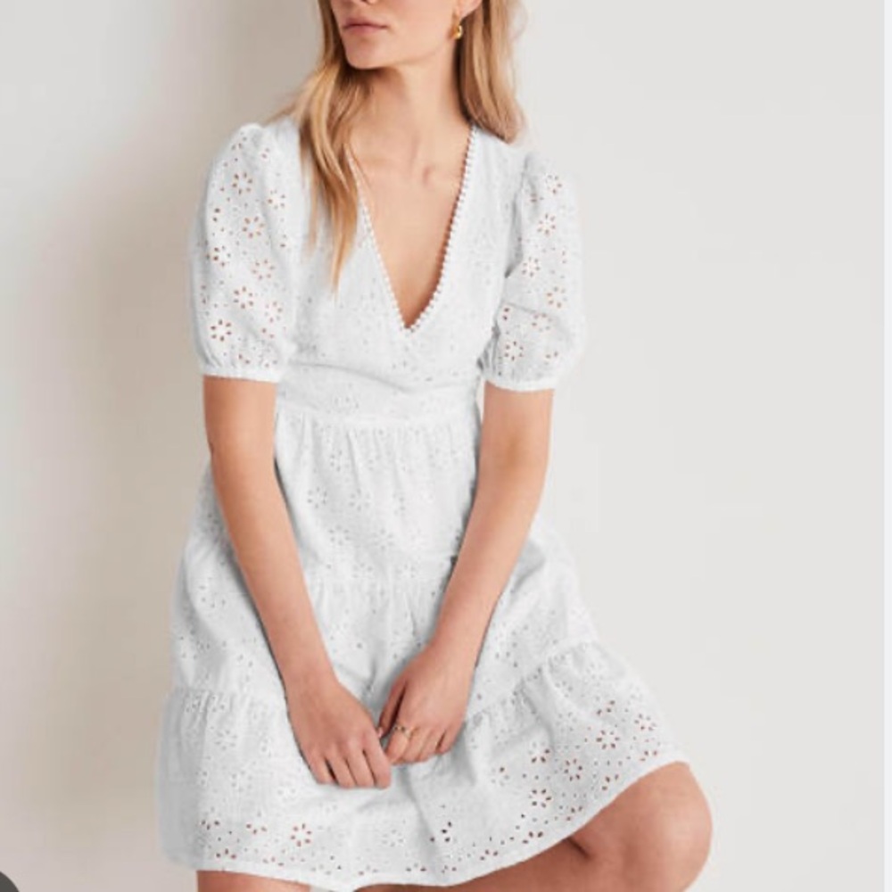 New: Boden Back Detail Broderie Dress. White. Size 8